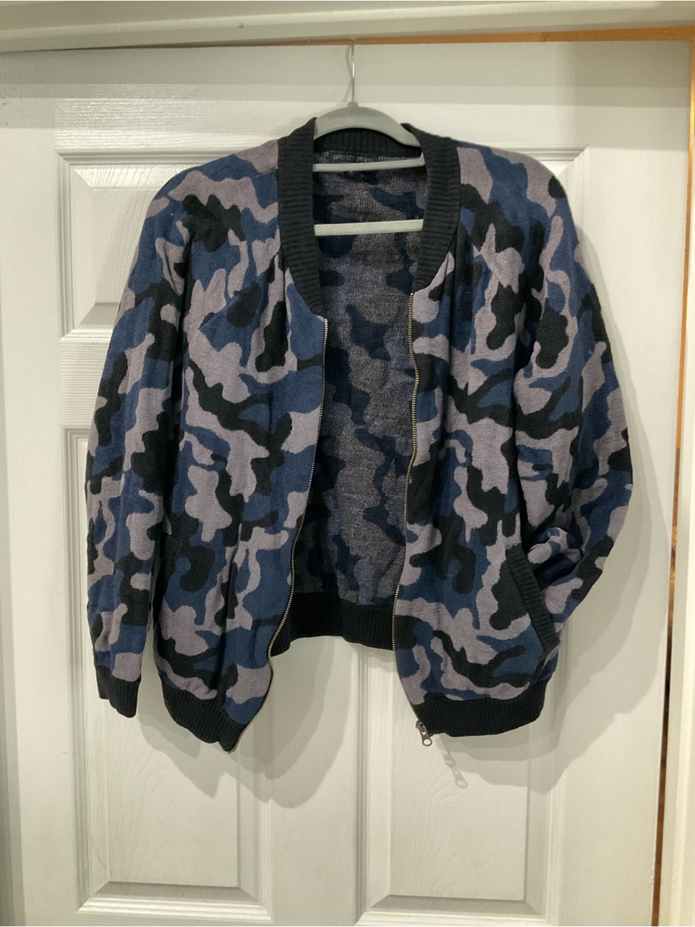 Barefoot Dreams Blue Gray Black Camouflage Knit Bomber Jacket
